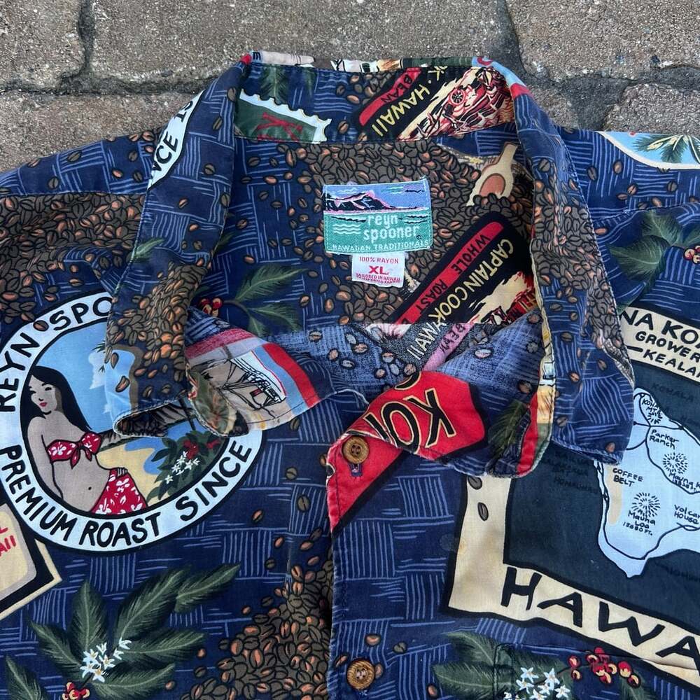 Vintage Reyn Spooner Kona Coffee Hawaiian Aloha Shirt XL Blue Rayon